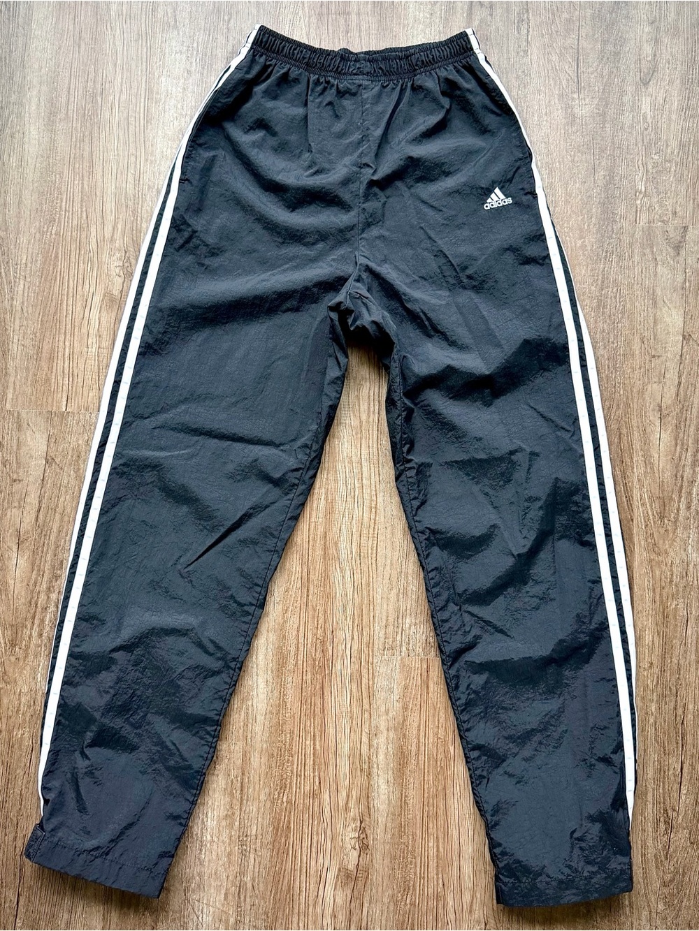 Vintage Adidas Nylon Track Pants Black White 3 Stripe Y2K Small Zip Ankle